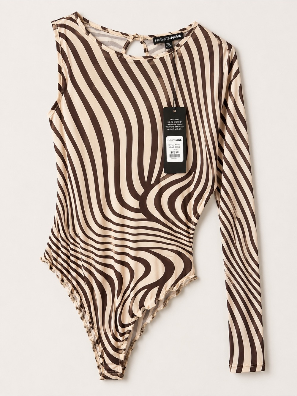 Fashion Nova Brown & Cream Striped One -Sleeve Bodysuit